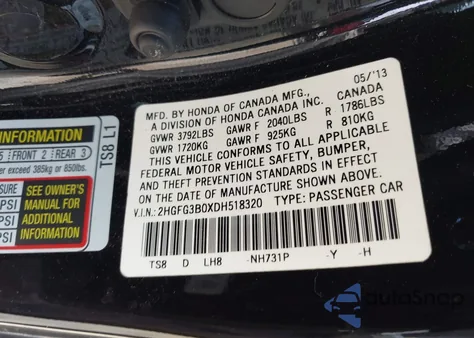 2013 Honda Civic Ex-L из США, поврежденный, VIN 2HGFG3B0XDH518320